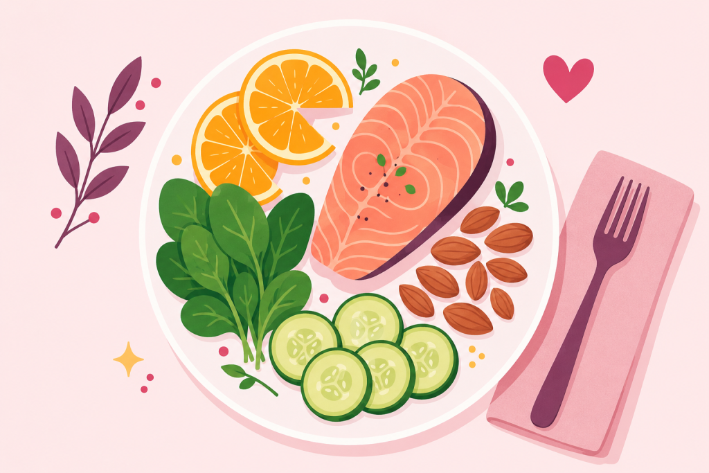 Assiette équilibrée pendant la grossesse : saumon cuit, épinards, orange, concombre et amandes