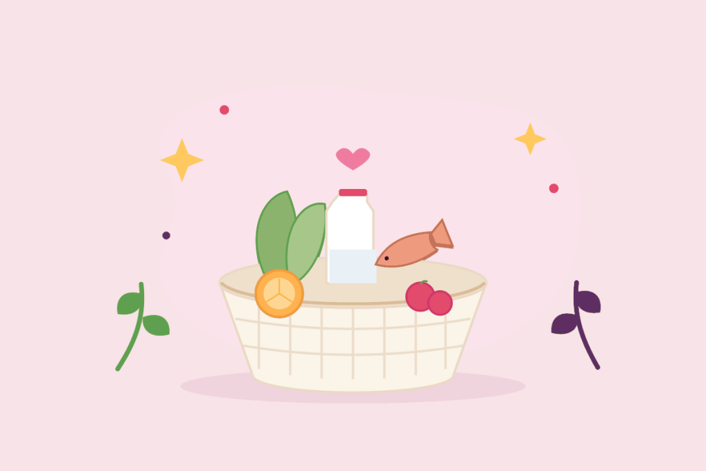 Illustration d'un panier de marché garni de légumes verts, poisson, lait, orange et tomates