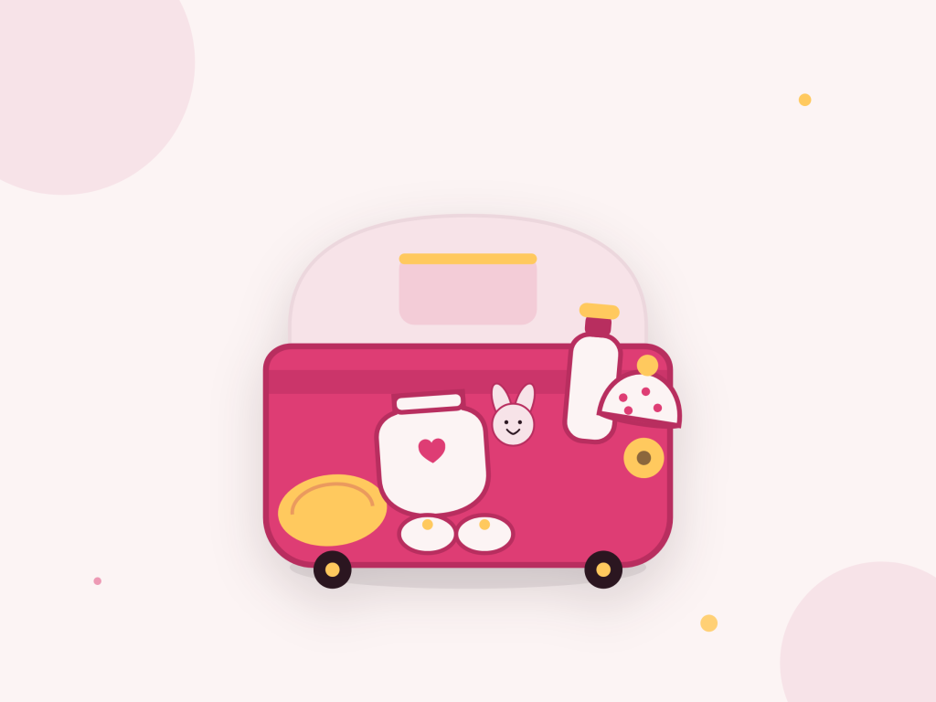 Illustration d'une valise de maternité ouverte avec les affaires de bébé et de la future maman