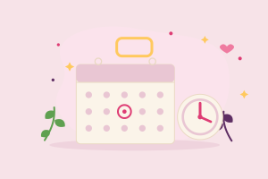 Illustration à plat d'un calendrier mural avec une date entourée et d'une horloge, pour le congé maternité