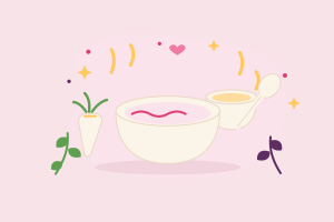 Illustration : un grand bol de purée avec une cuillère souple et une carotte posées à côté.