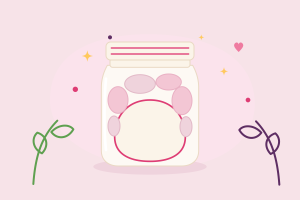 Un bocal où des formes roses se rangent autour d'une grande forme crème, comme les organes pendant la grossesse, illustration aux couleurs du Journal des Mamans
