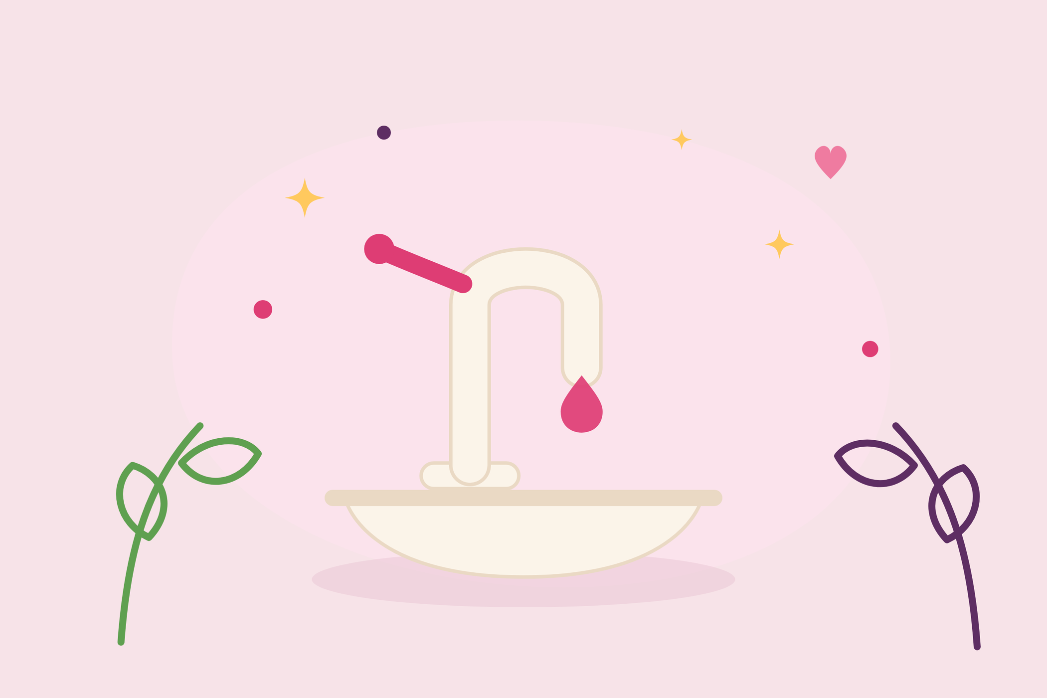 Un robinet au-dessus d'une vasque, illustration à plat aux couleurs du Journal des Mamans