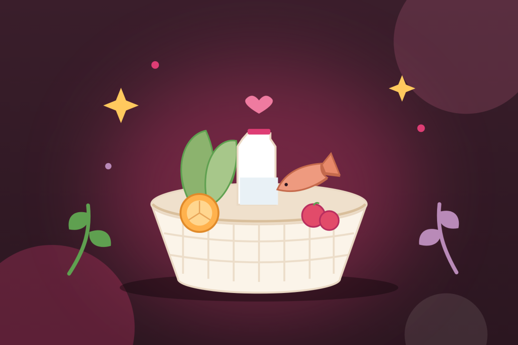 Illustration d'un panier de marché garni de légumes verts, poisson, lait, orange et tomates