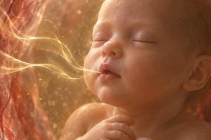 Illustration réaliste d’un fœtus aux yeux fermés, entouré de volutes dorées qui évoquent les arômes du liquide amniotique : ce que bébé goûte pendant la grossesse