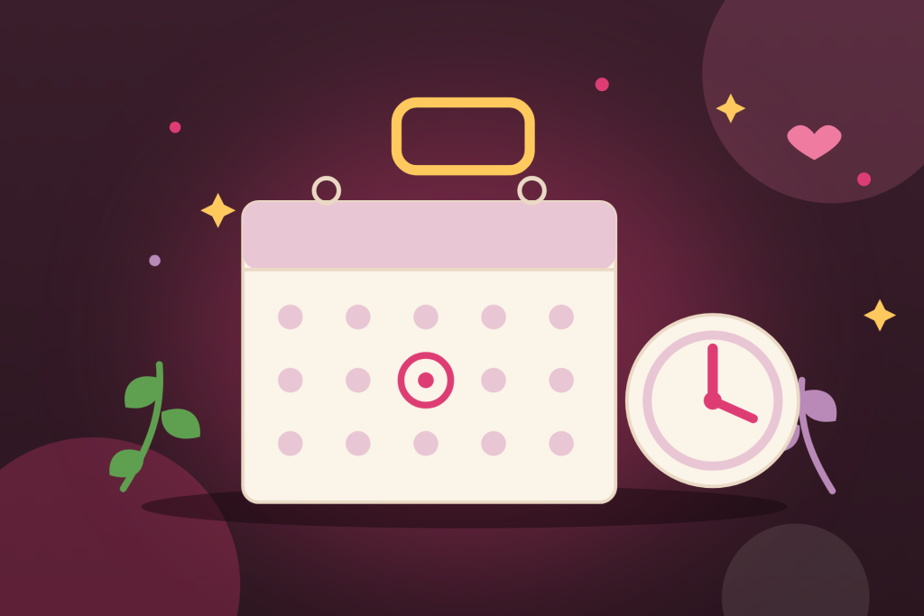 Illustration à plat d'un calendrier mural avec une date entourée et d'une horloge, pour le congé maternité