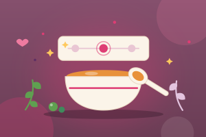 Illustration à plat : un bol de purée de carotte avec sa cuillère, et au-dessus une carte où trois repères marquent trois moments, celui du milieu entouré de framboise : à quel âge commencer la diversification