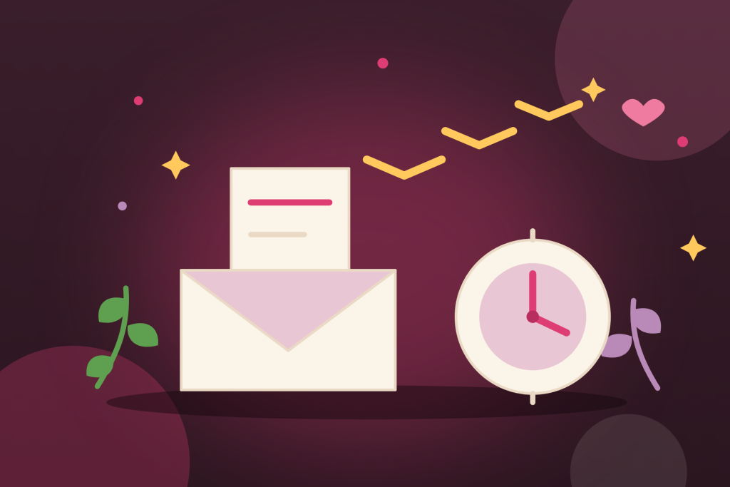 Une enveloppe crème au rabat ouvert d'où dépasse une lettre, posée à côté d'une horloge, sur fond rose.