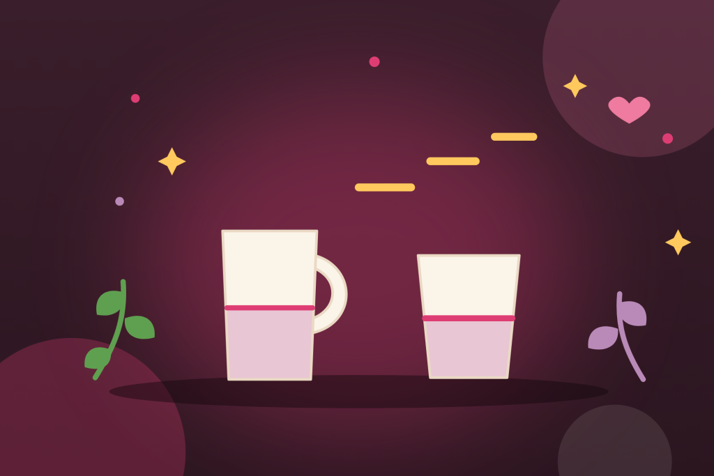 Illustration à plat d'une tasse et d'un verre, sur fond prune