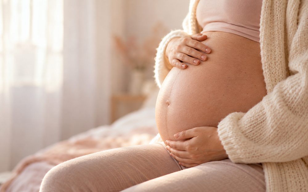 Ventre rond de femme enceinte, les mains posées dessus