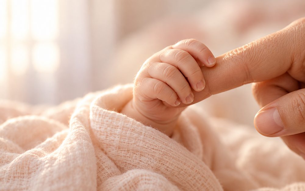 Main de nouveau-né qui serre le doigt d’un adulte
