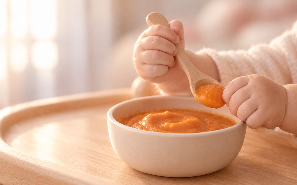 Mains de bébé tenant une cuillère en bois au-dessus d’un bol de purée de carotte