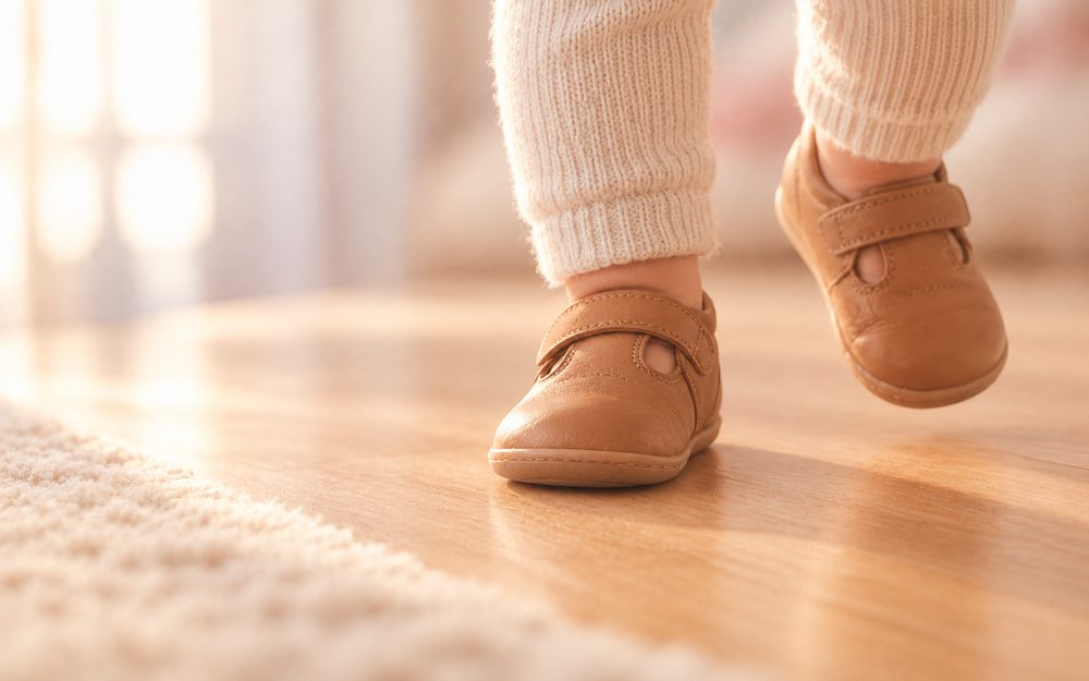 Pieds de tout-petit en chaussures de premiers pas sur un parquet